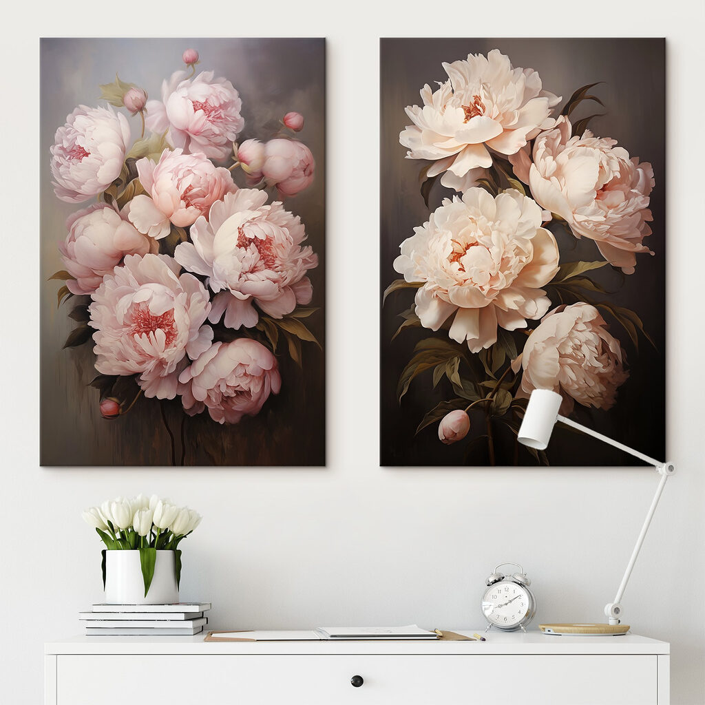 Peonie su fondo scuro in un ambiente