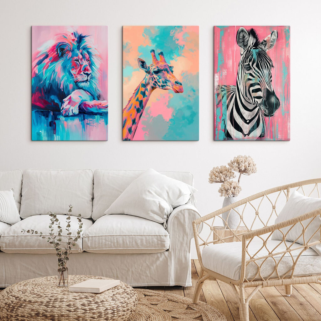Leone, giraffa e zebra in un ambiente