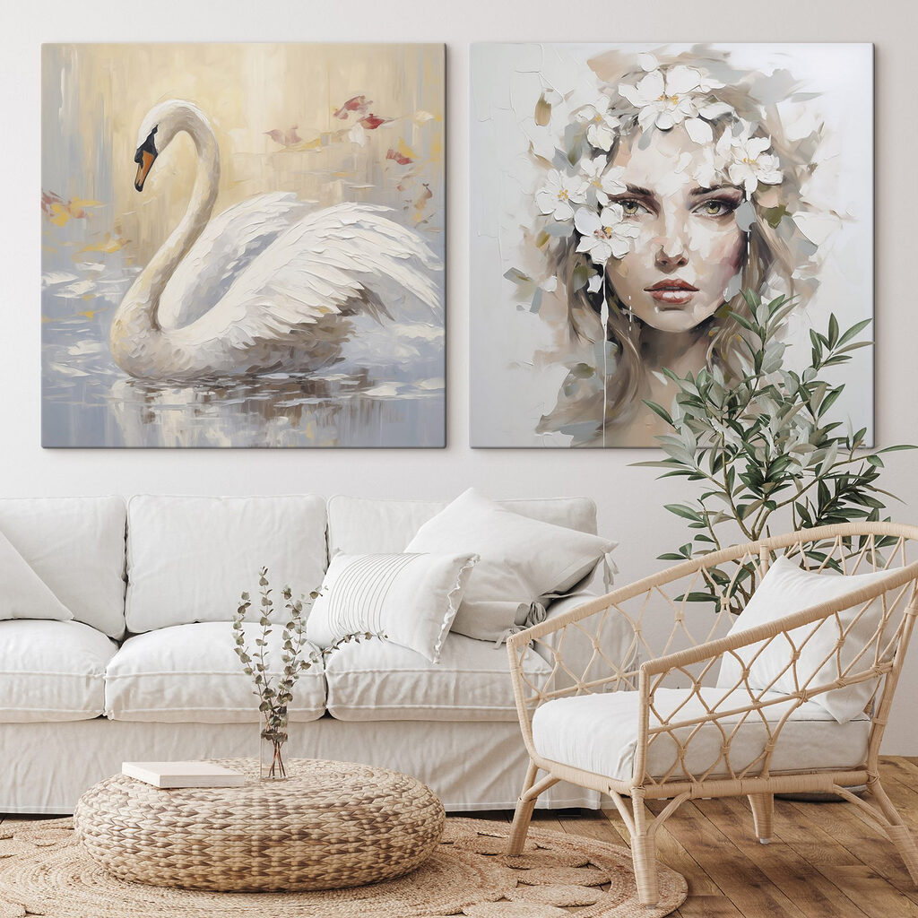 Donna e cigno in un ambiente