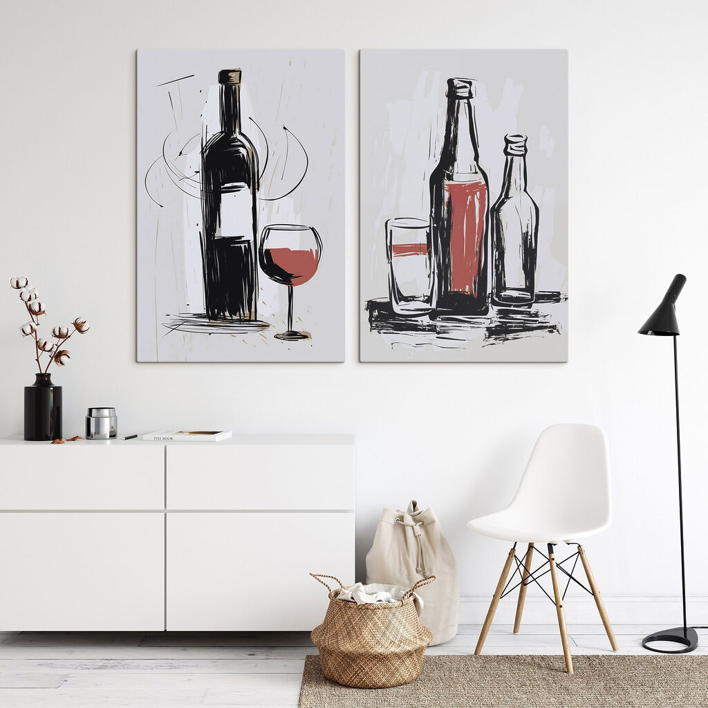 Bottiglie e calici in un ambiente