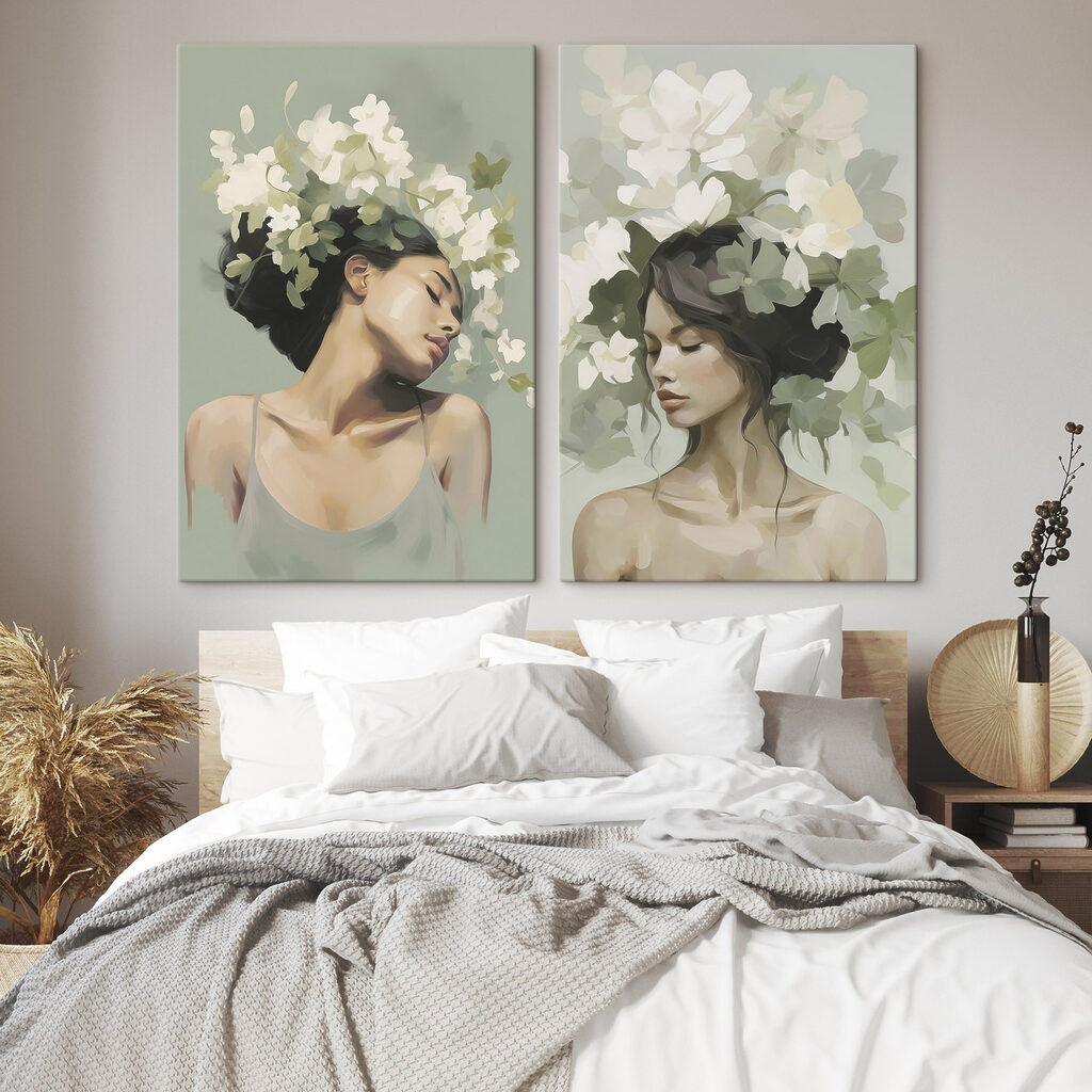 Volti tra fiori bianchi in un ambiente