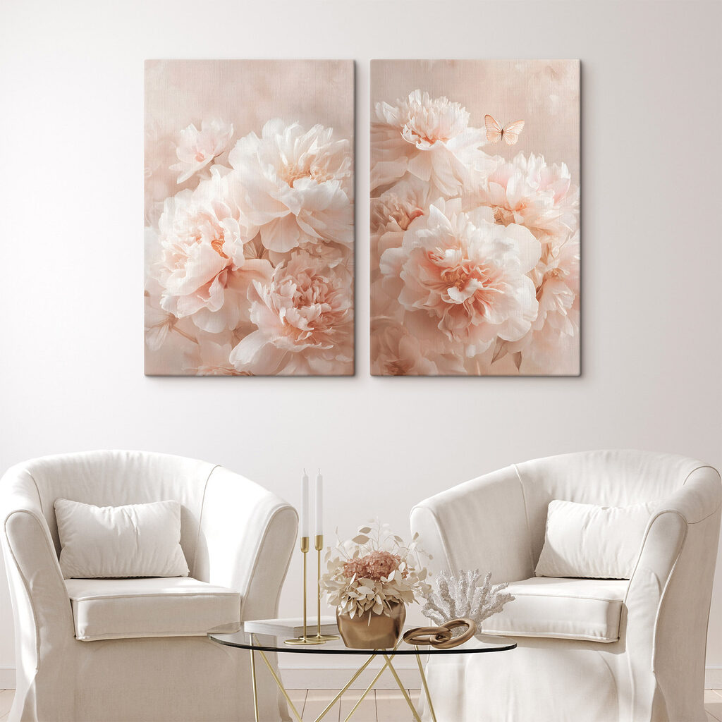 Peonie rosa con farfalla in un ambiente