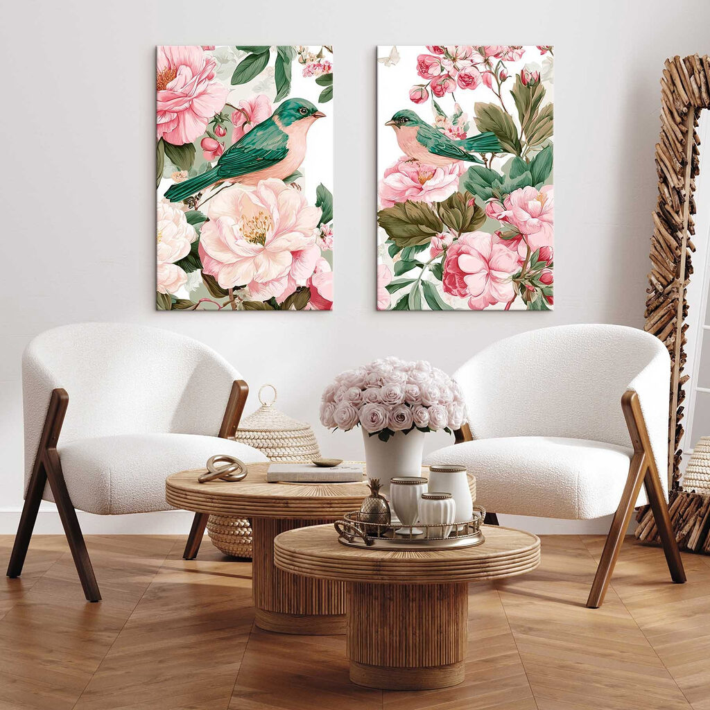 Uccelli tra le peonie in un ambiente