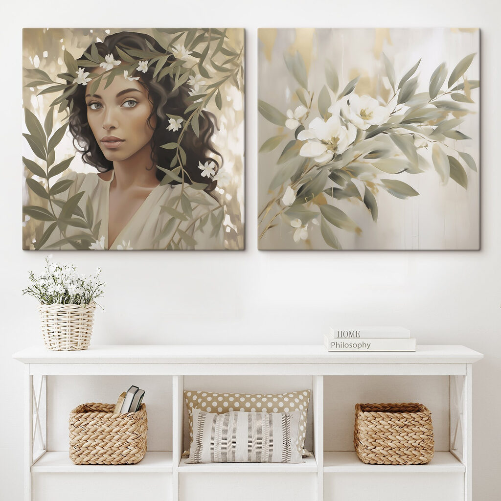Donna e fiori bianchi in un ambiente