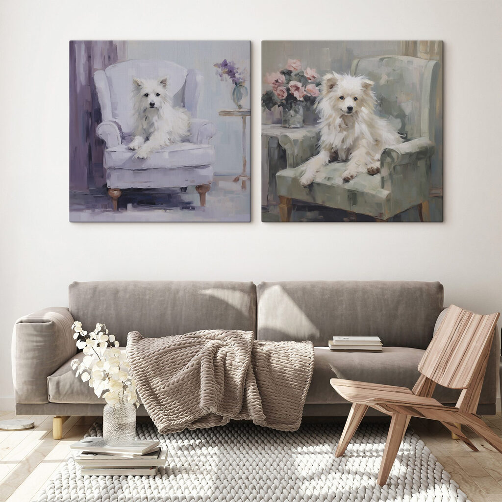 Cagnolino bianco con fiori in un ambiente