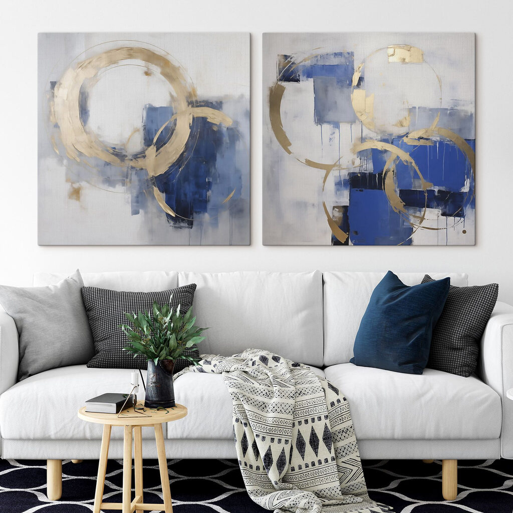 Anelli d’oro su blu in un ambiente