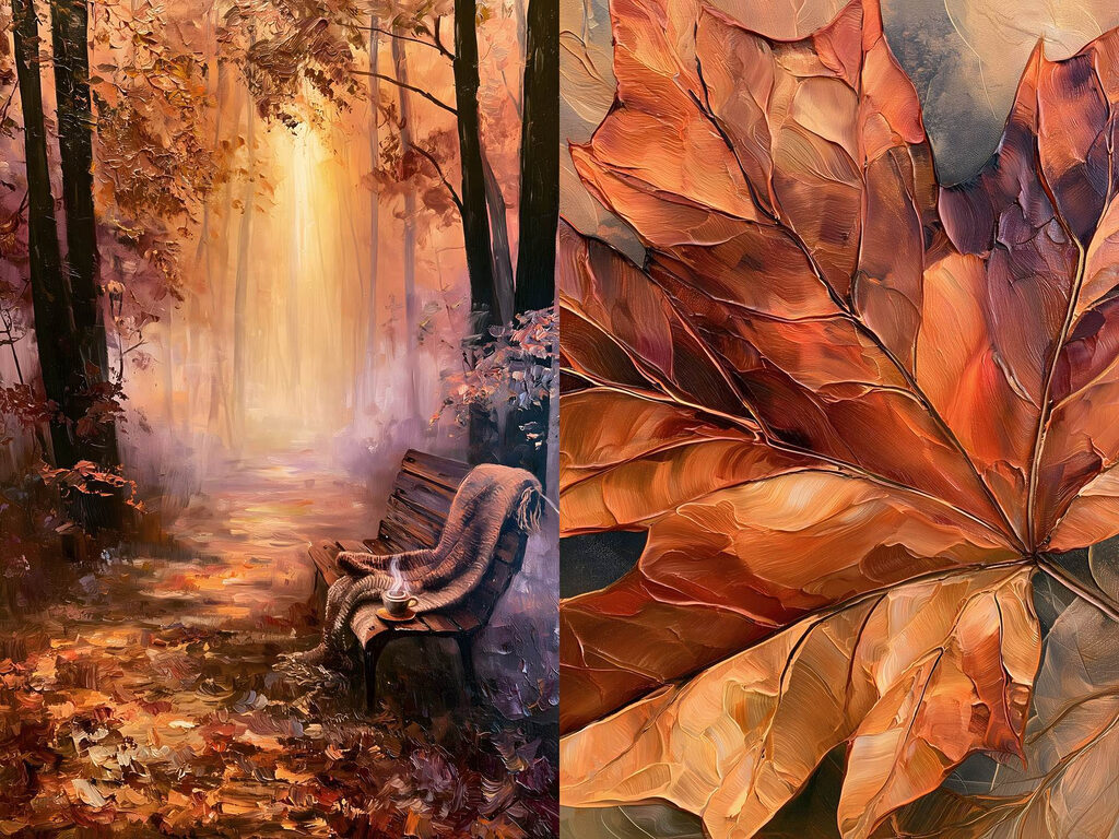Panchina e foglia d’autunno — design completo