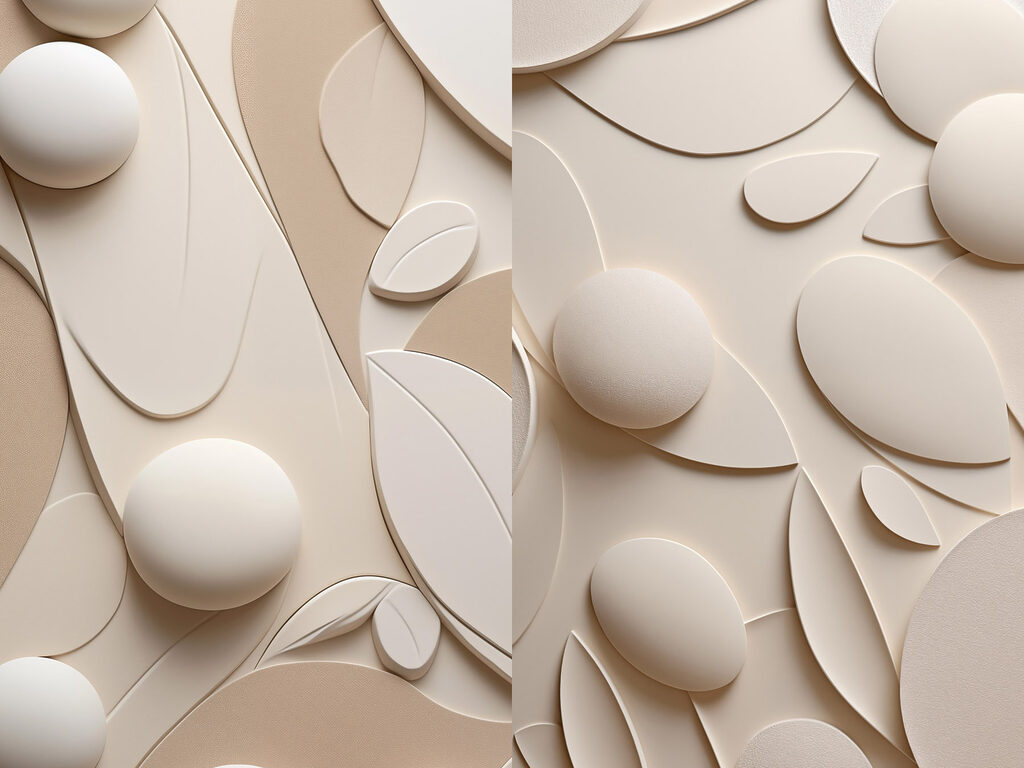 Sfere tra foglie curve — design completo