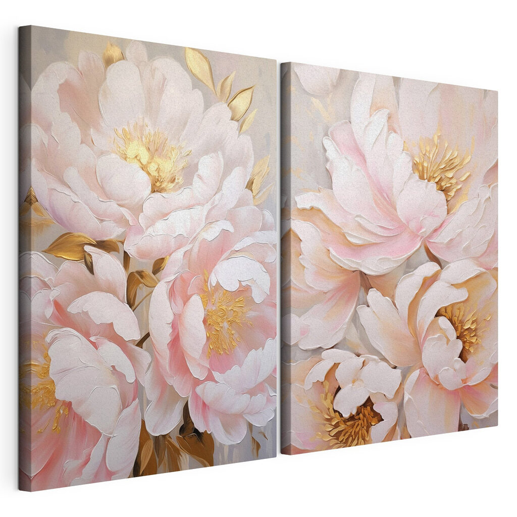 Fiori tra nuvole rosa, tela tesa e bordo avvolto