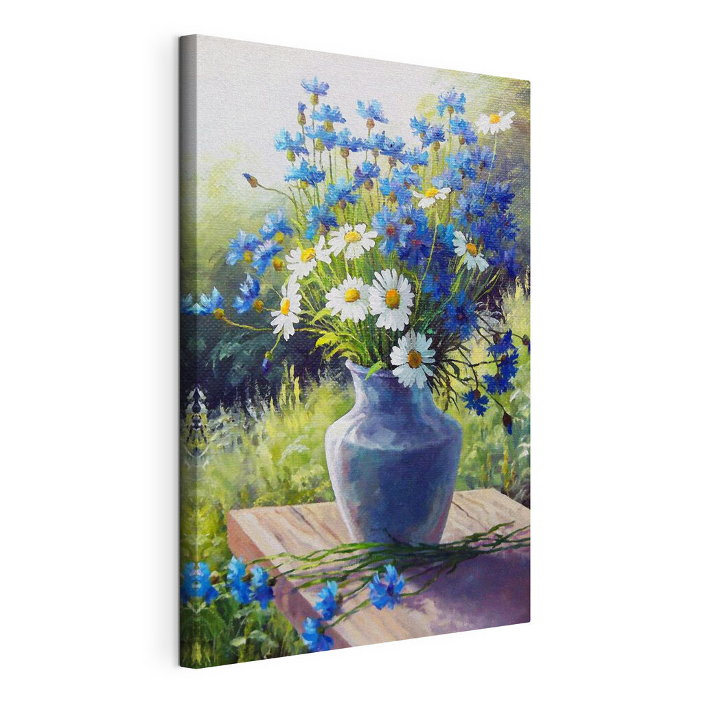 Fiori blu in vaso, tela tesa e bordo avvolto
