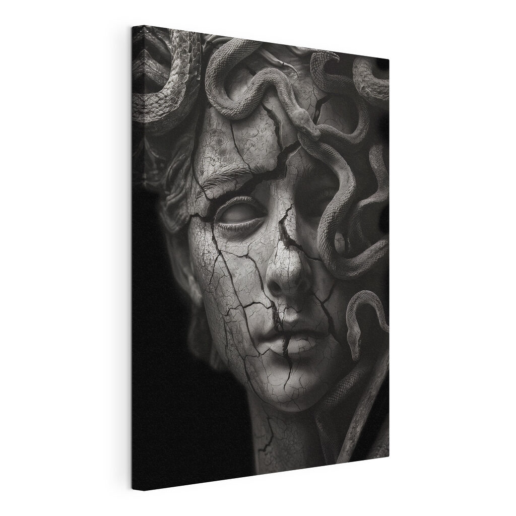 Medusa nell’ombra, tela tesa e bordo avvolto