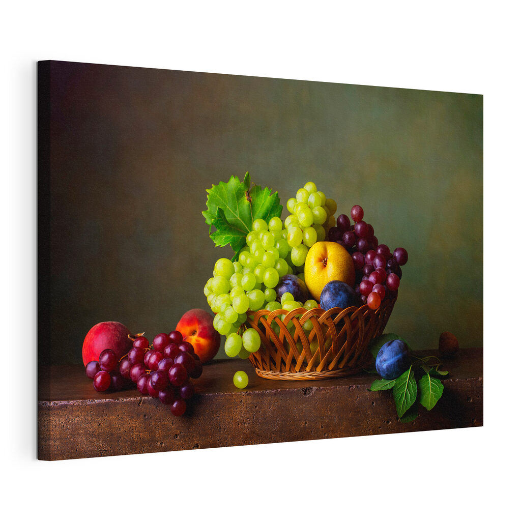 Cesto di frutta, tela tesa e bordo avvolto
