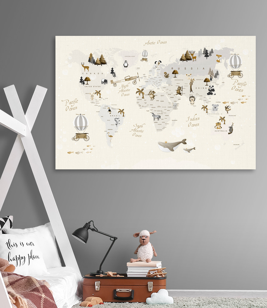 Mappa del mondo illustrata in un ambiente
