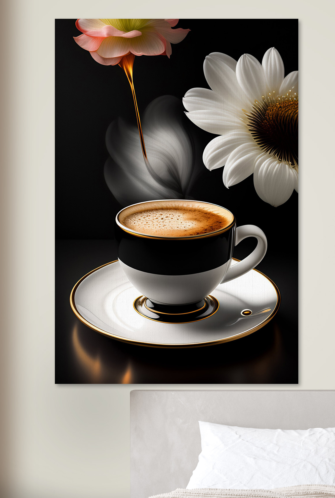 Fiori e caffè nero in un ambiente