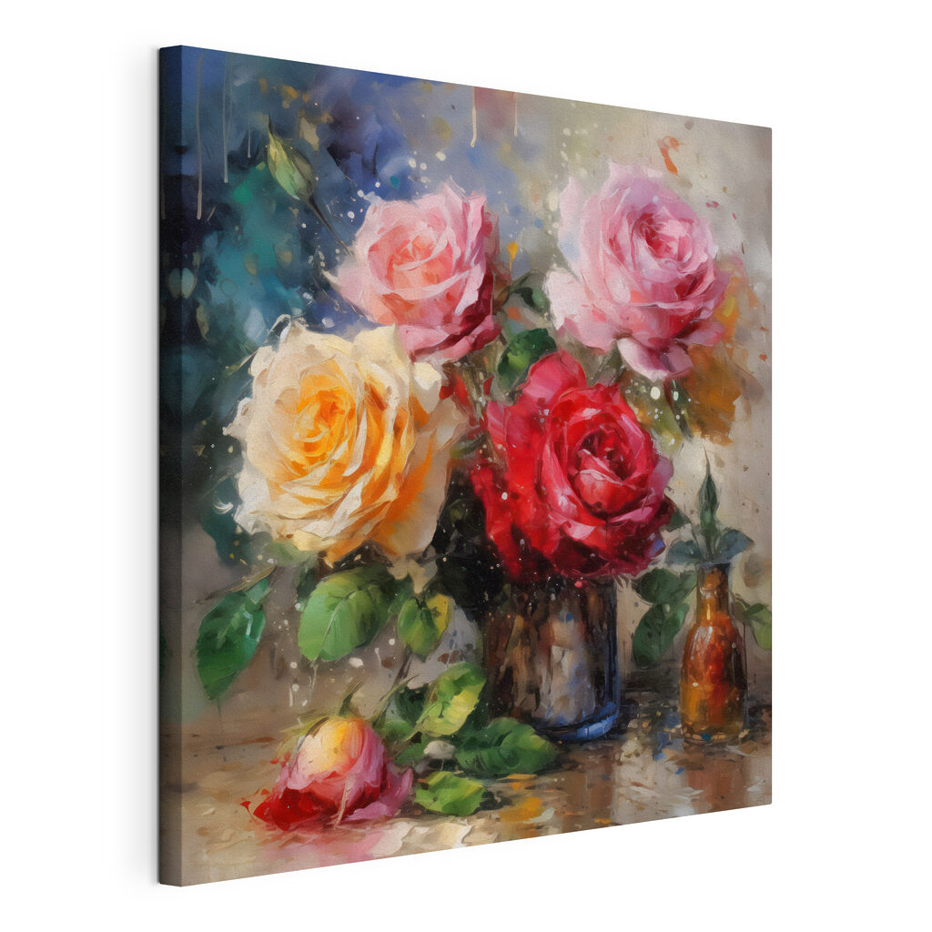 Rose in vaso metallico, tela tesa e bordo avvolto