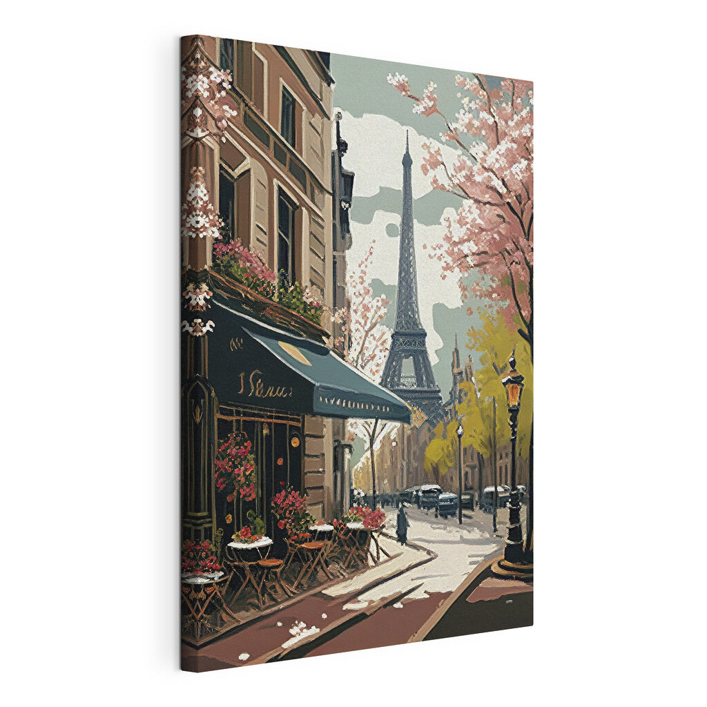 Parigi tra fiori rosa, tela tesa e bordo avvolto
