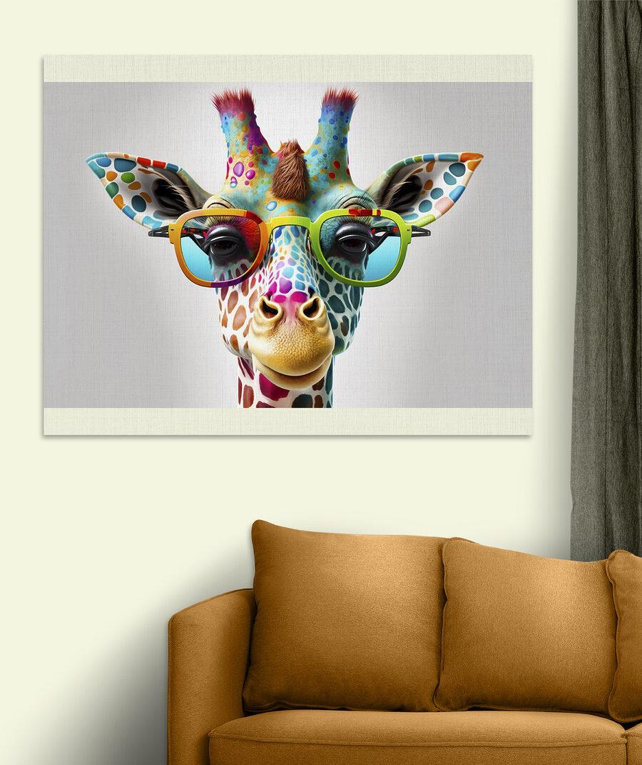 Giraffa con gli occhiali in un ambiente