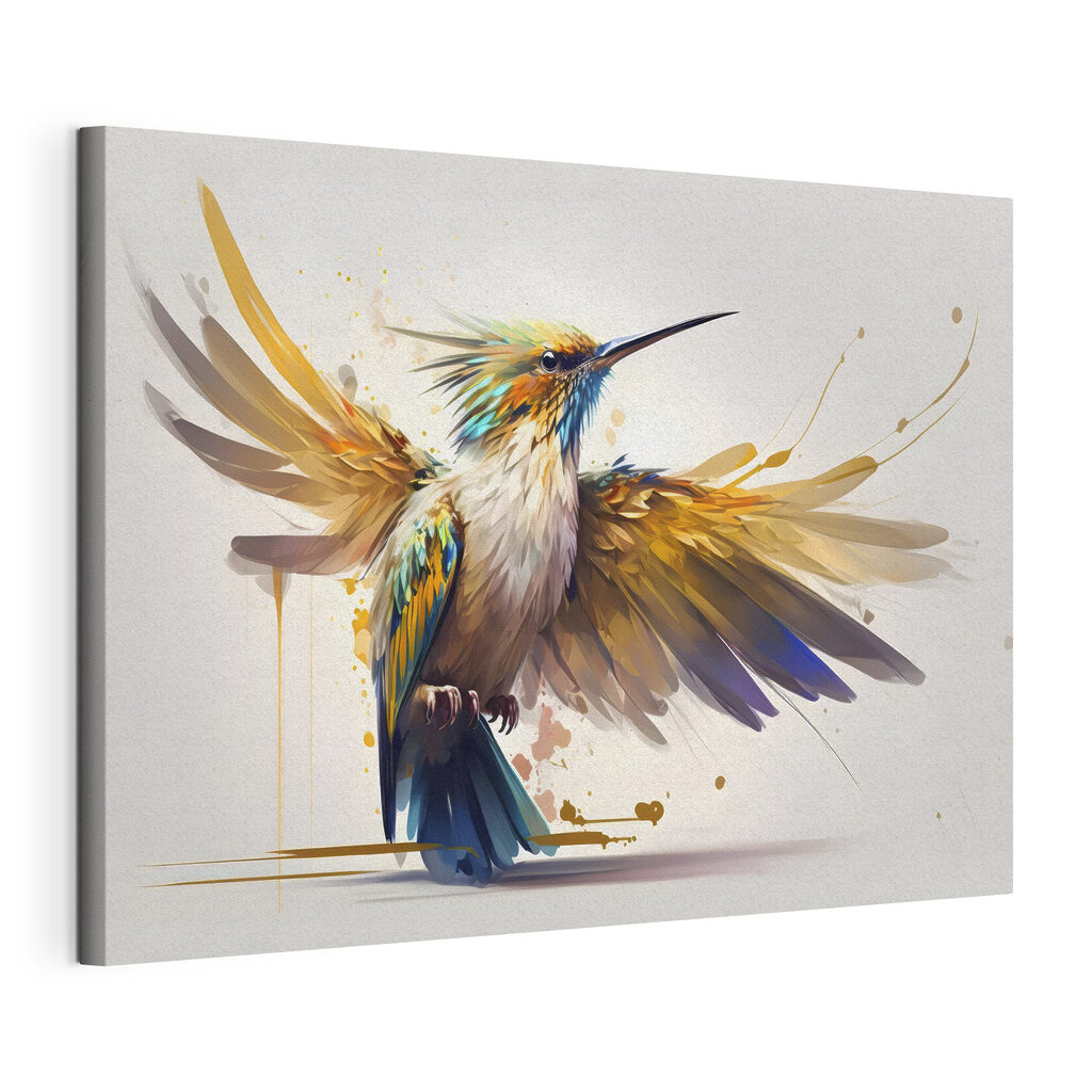 Colibrì con ali spiegate, tela tesa e bordo avvolto