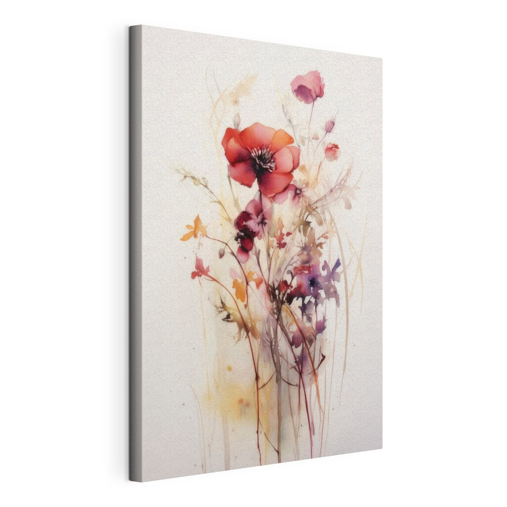 Fiori rossi su bianco, tela tesa e bordo avvolto