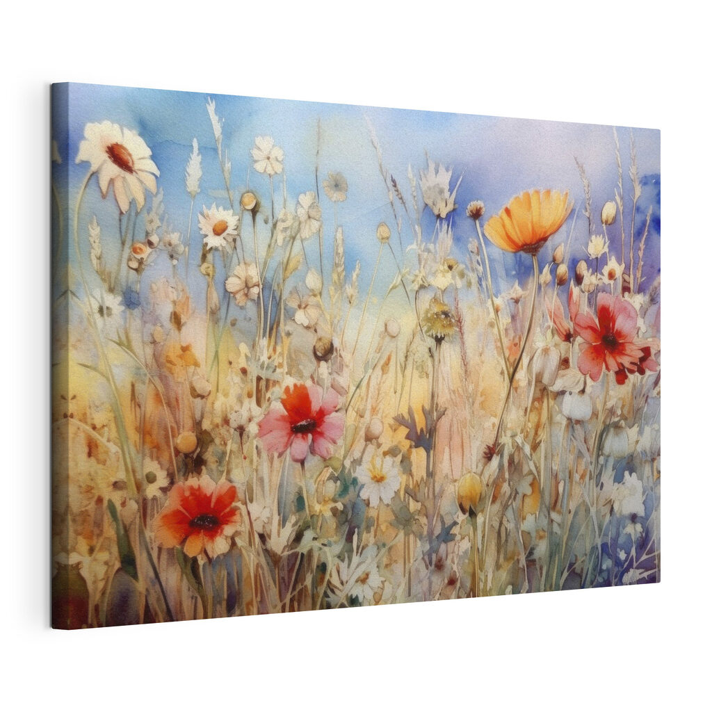 Fiori sotto cielo azzurro, tela tesa e bordo avvolto