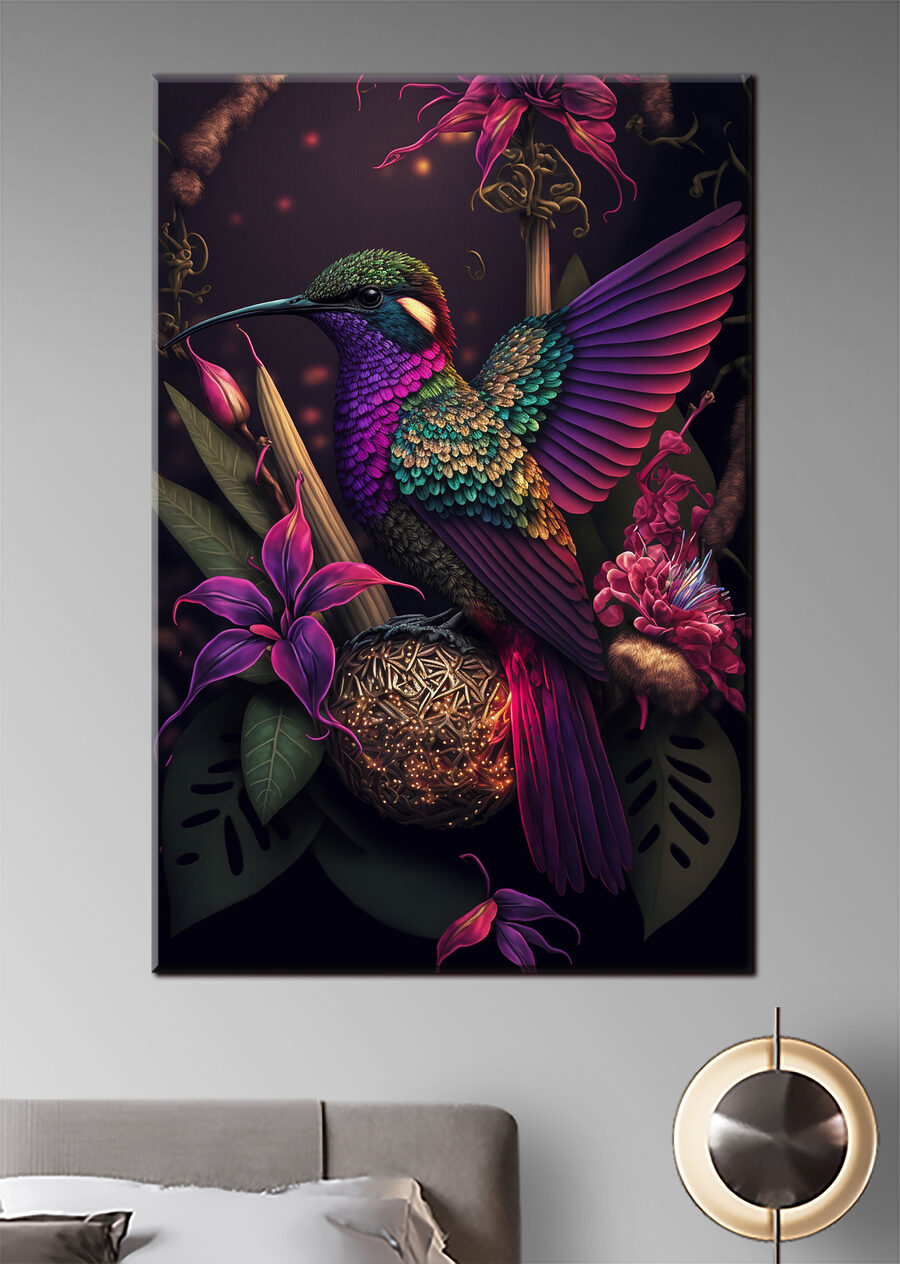 Colibrì tra fiori scuri in un ambiente