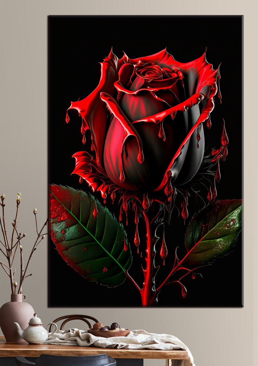 Rosa rossa con colature in un ambiente