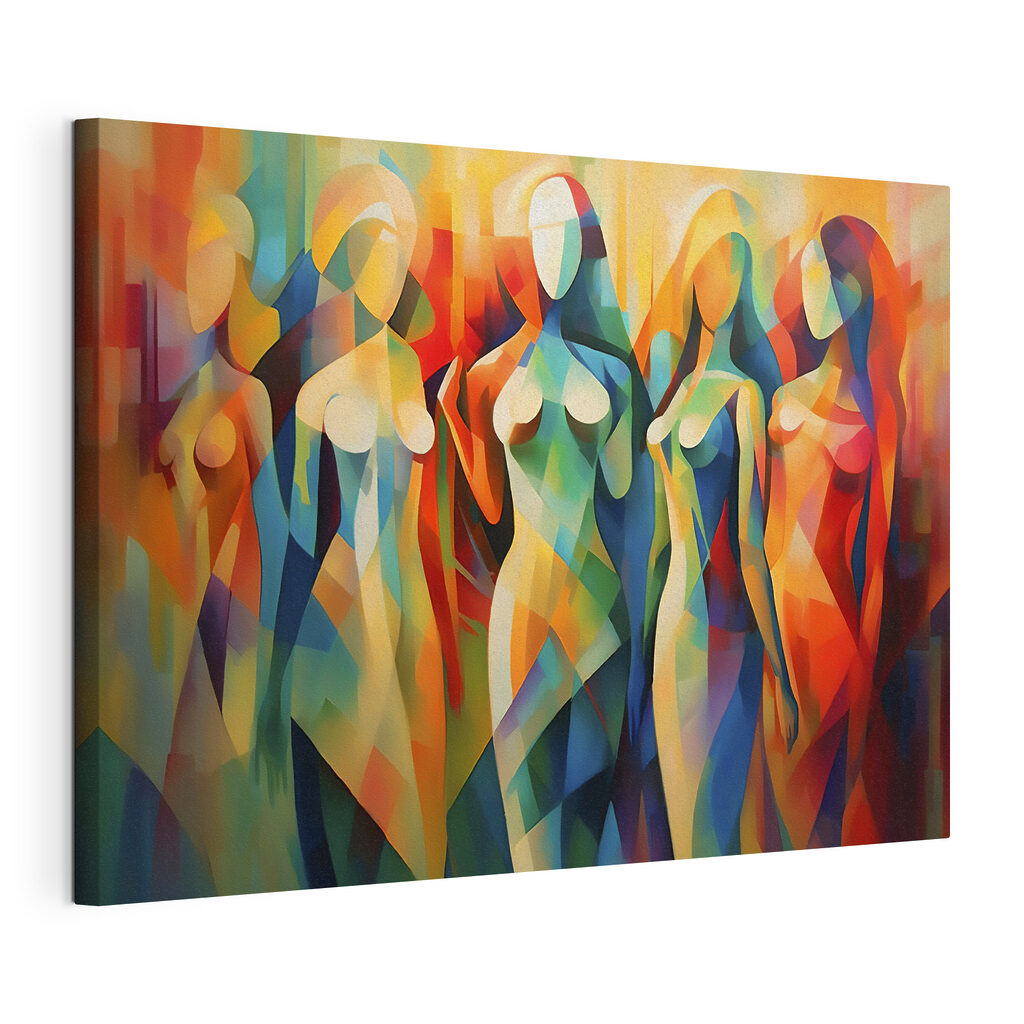 Donne in colori vivaci, tela tesa e bordo avvolto