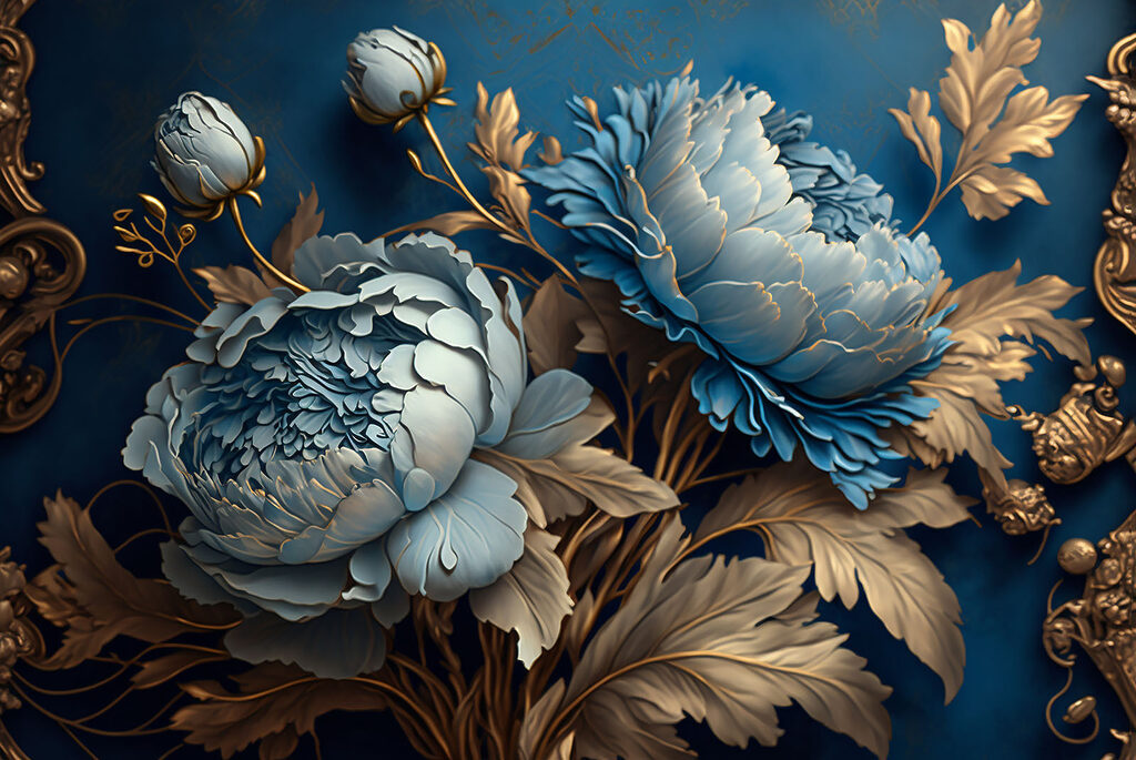 Fiori blu, foglie d’oro — design completo