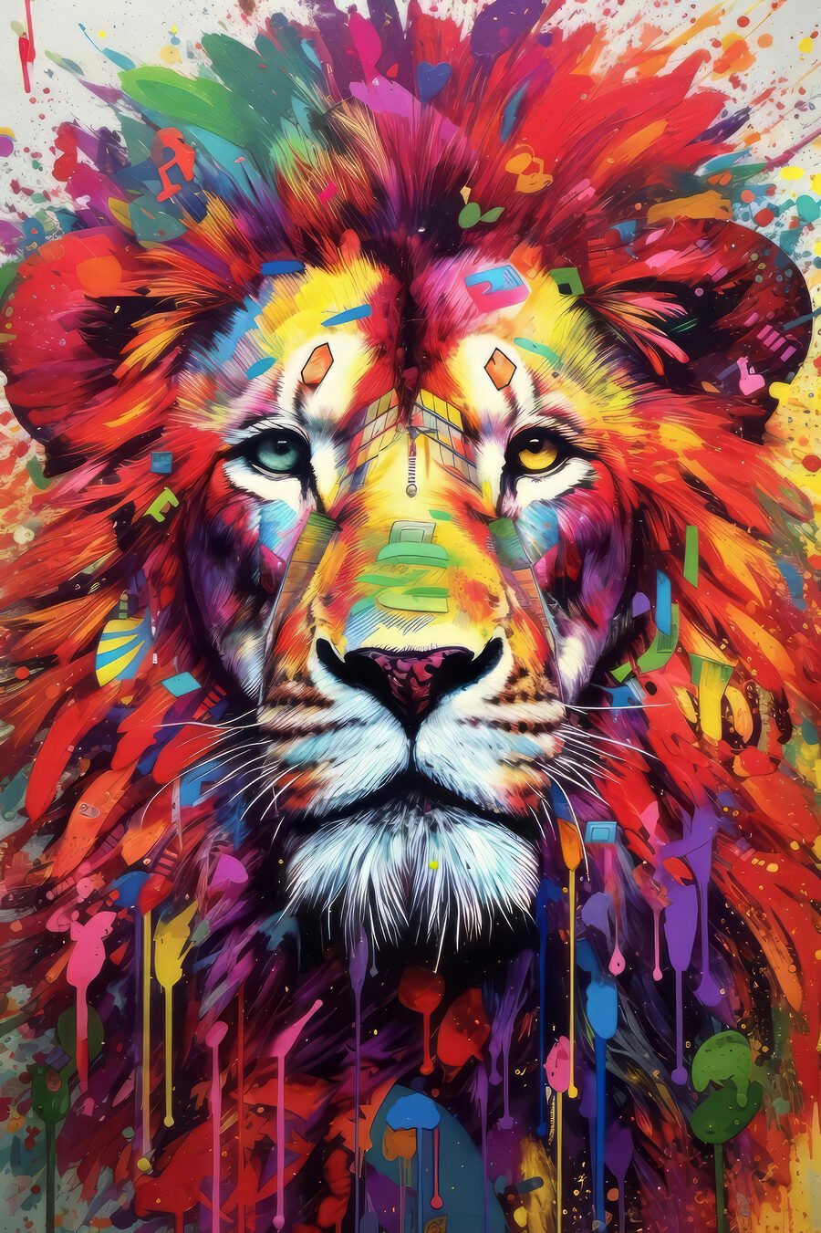 Leone tra colori accesi — design completo