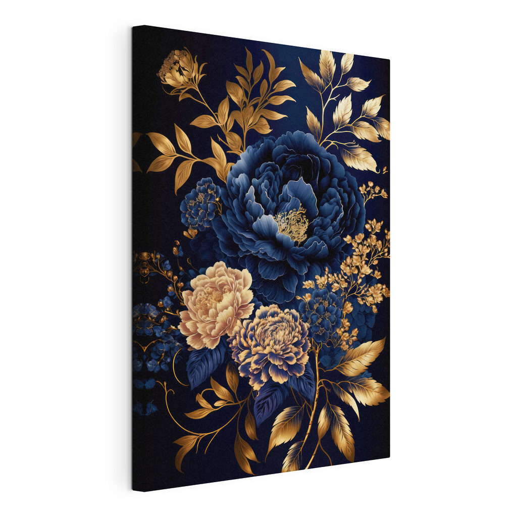 Fiori in blu reale, tela tesa e bordo avvolto