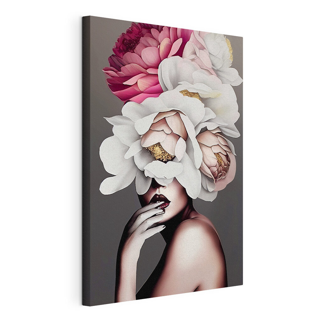 Volto dietro i fiori, tela tesa e bordo avvolto