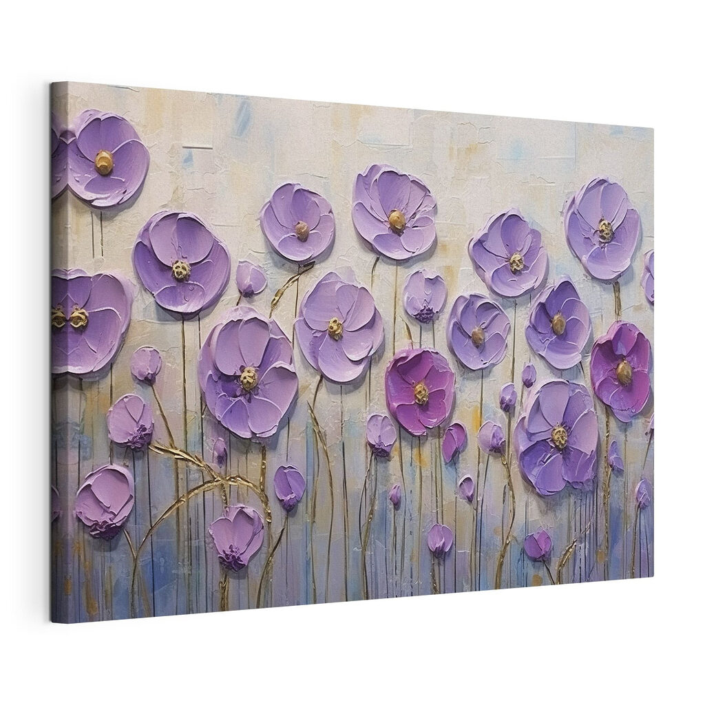 Fiori viola su steli, tela tesa e bordo avvolto