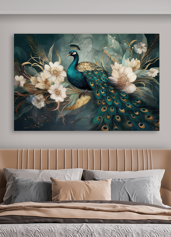 Pavone tra fiori bianchi — ambiente 2