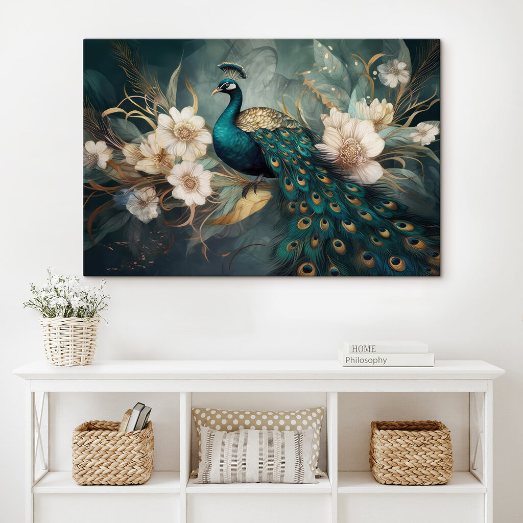 Pavone tra fiori bianchi — ambiente 3