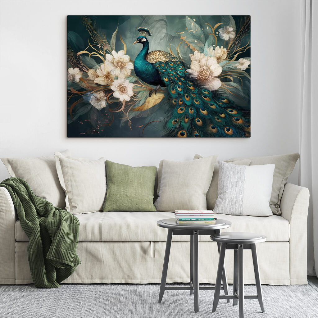 Pavone tra fiori bianchi — ambiente 4