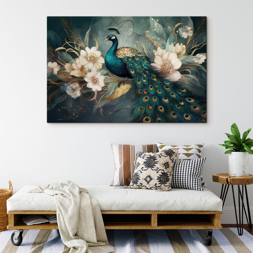 Pavone tra fiori bianchi — ambiente 5