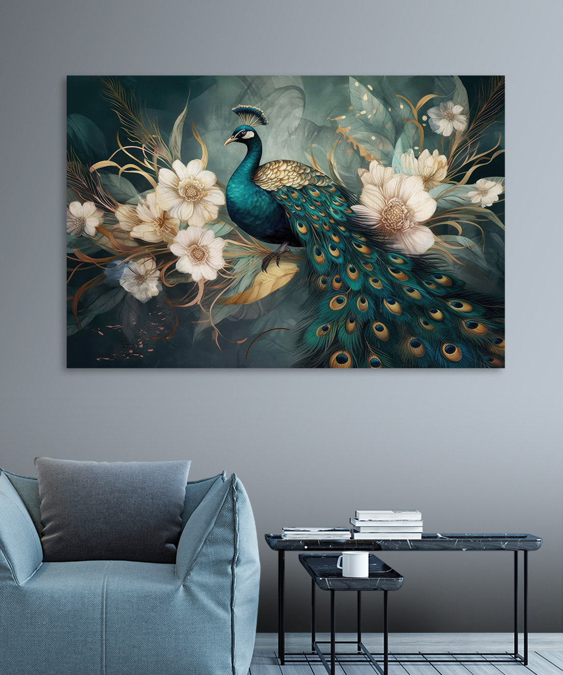 Pavone tra fiori bianchi — ambiente 1