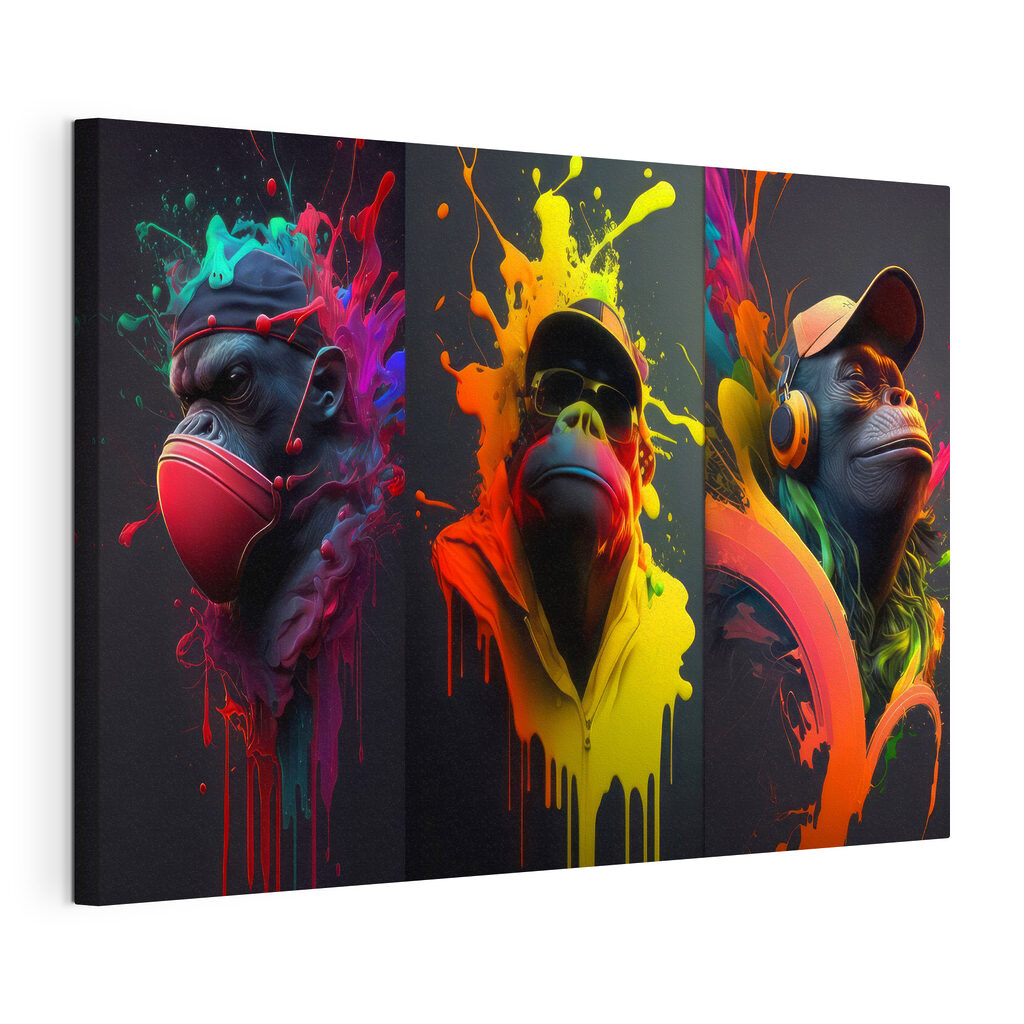 Scimmie in schizzi colorati, tela tesa e bordo avvolto