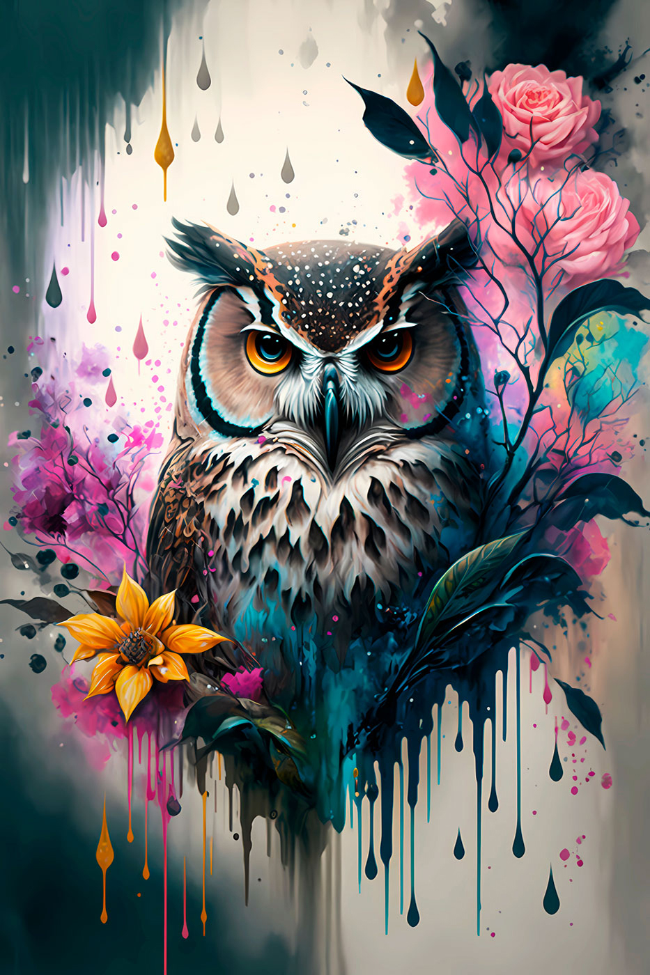 Gufo tra rose dipinte — design completo