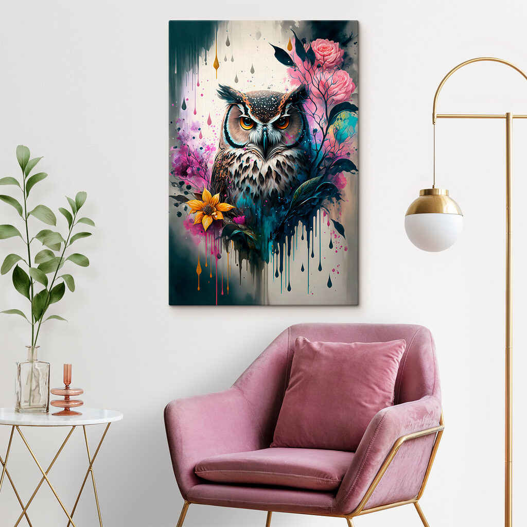Gufo tra rose dipinte — ambiente 6