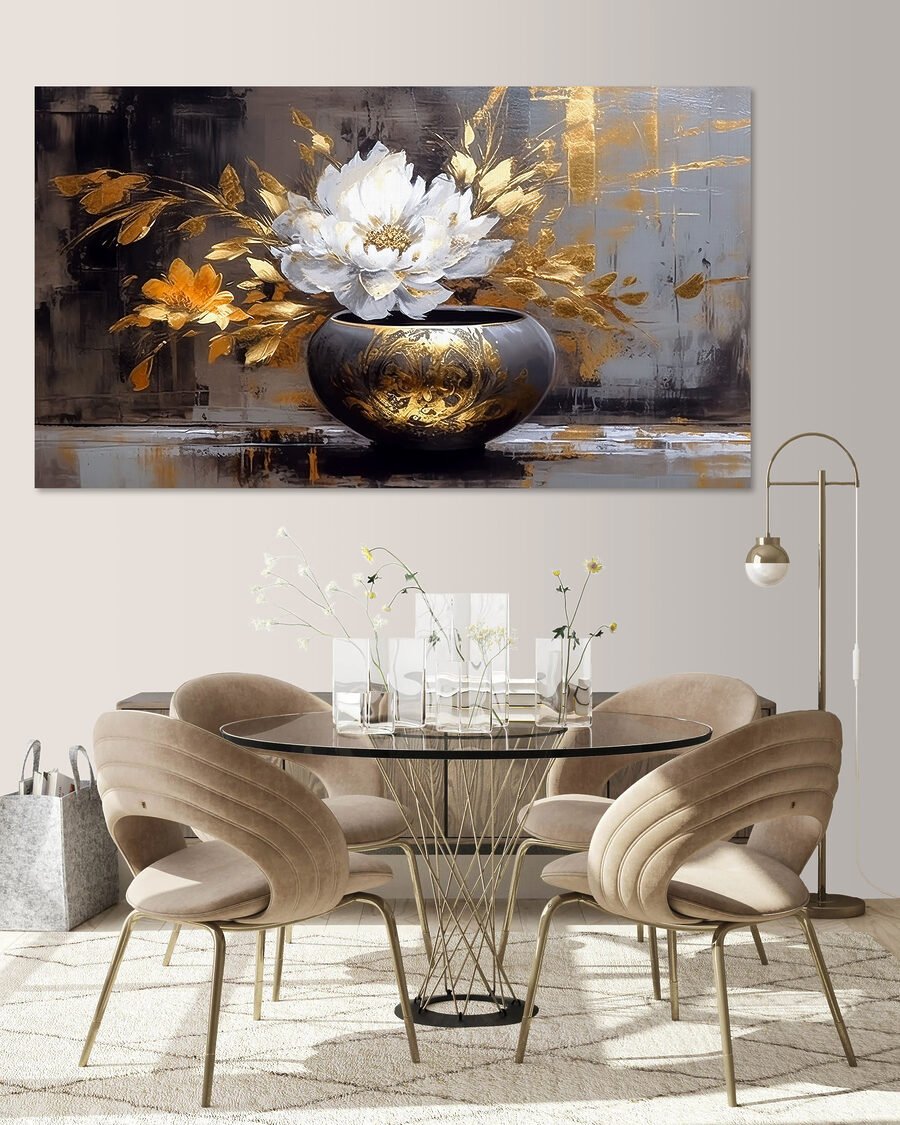 Fiore bianco, vaso d’oro in un ambiente