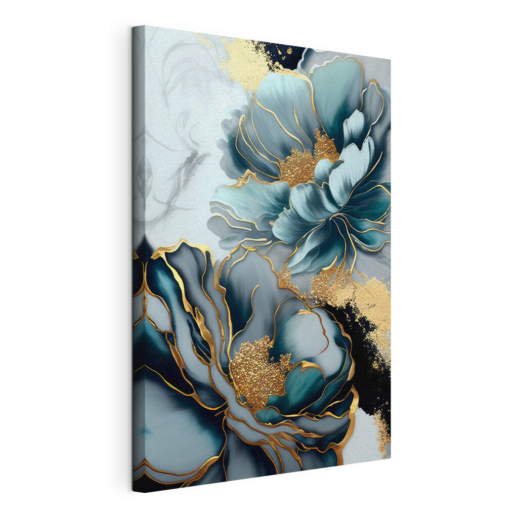 Fiori blu, bordi d’oro, tela tesa e bordo avvolto