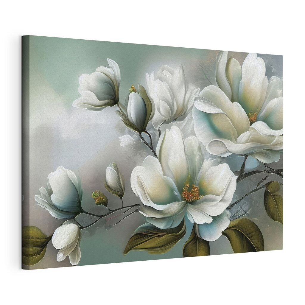 Magnolia in verde fresco, tela tesa e bordo avvolto