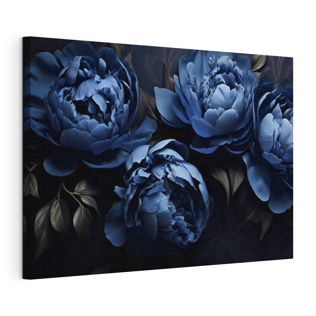 Peonie sul blu notte, tela tesa e bordo avvolto