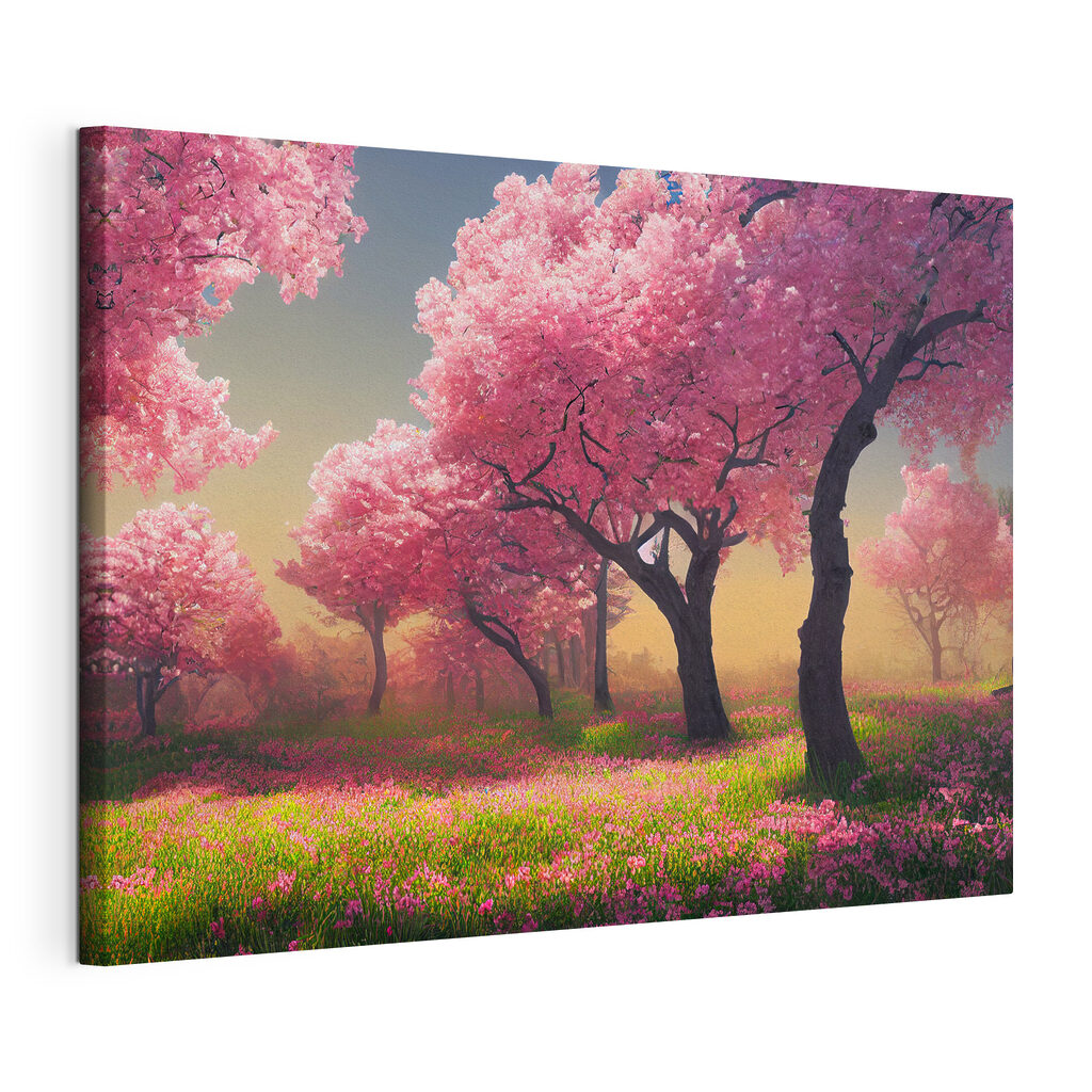 Sotto alberi rosa, tela tesa e bordo avvolto