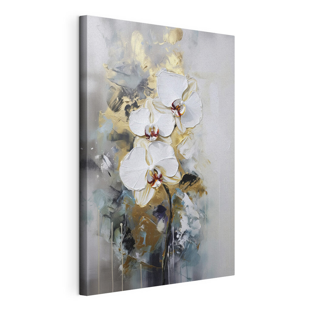 Orchidee tra pennellate grigie, tela tesa e bordo avvolto