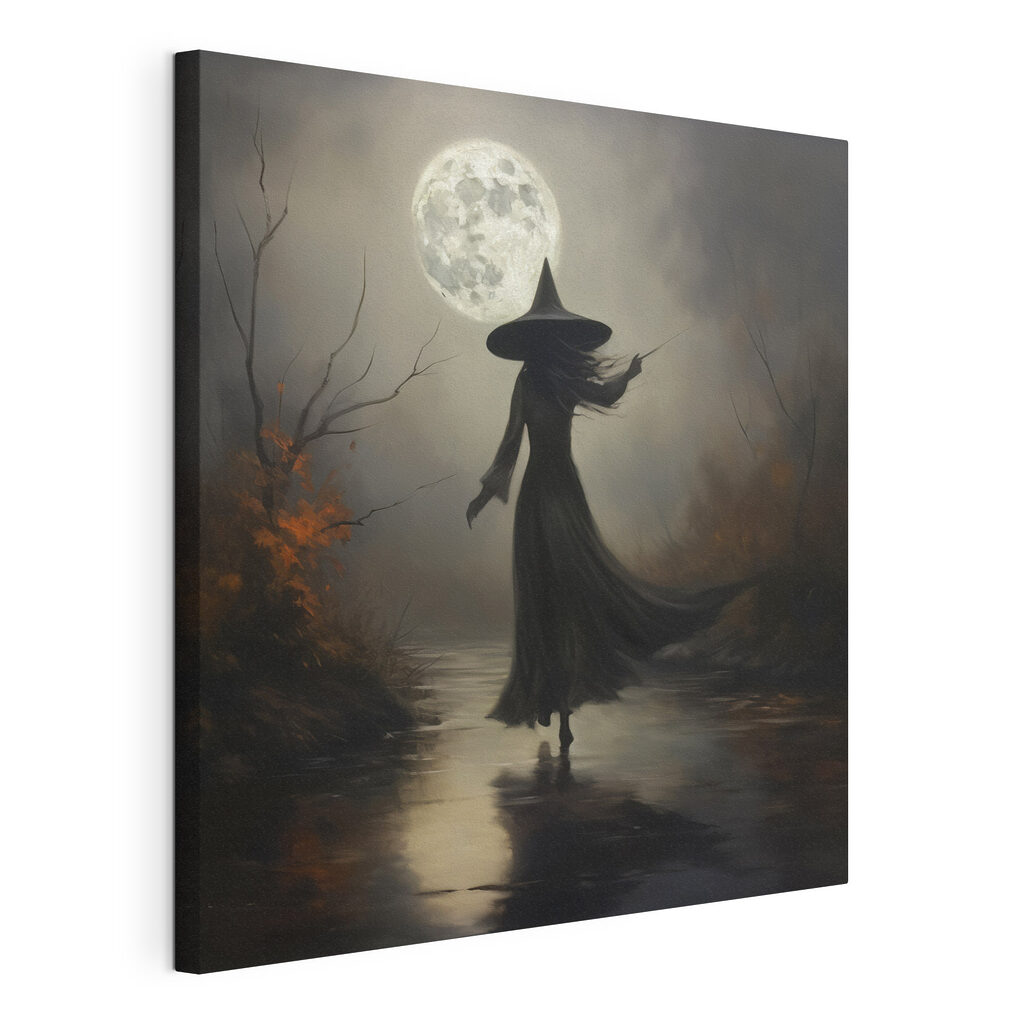 Strega sotto la luna, tela tesa e bordo avvolto