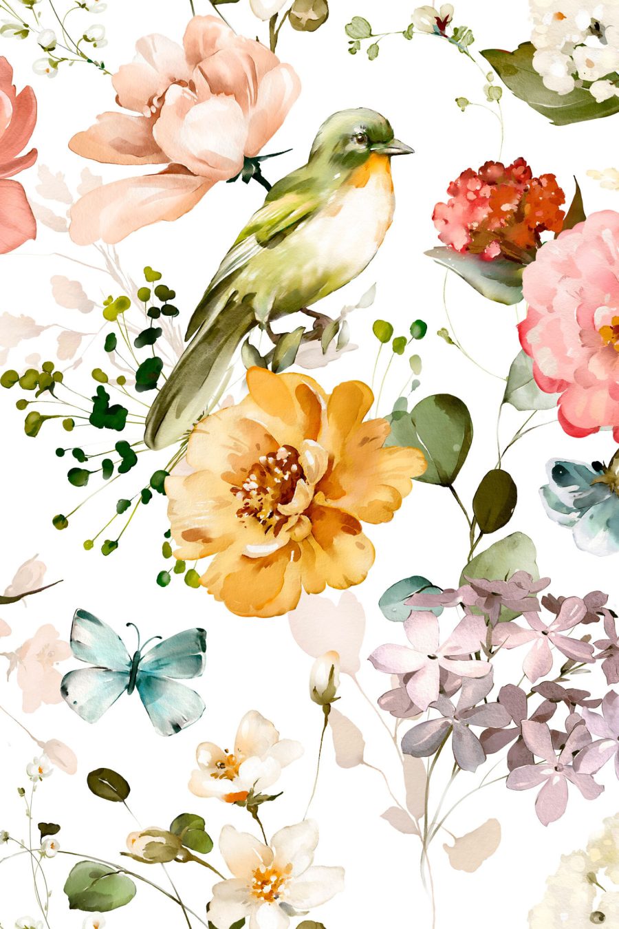 Uccellino tra fiori chiari — design completo
