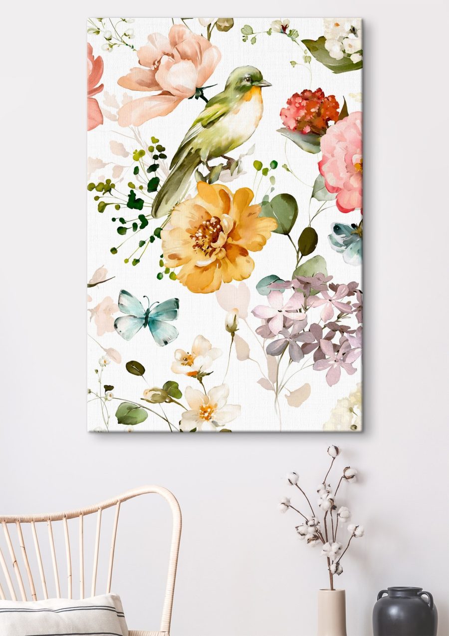 Uccellino tra fiori chiari — ambiente 2