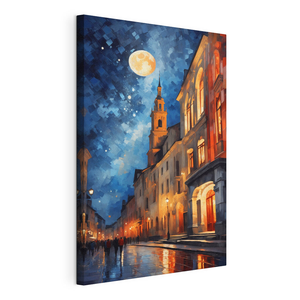 Luna sopra le facciate, tela tesa e bordo avvolto